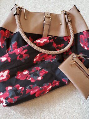 Black Rivet Black/Red Faux Leather Braided Handles Shoulder Bag Set